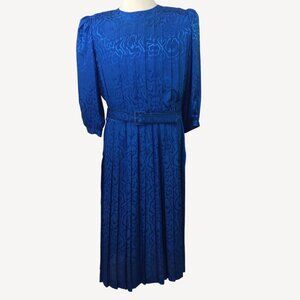 Vintage 80s Argenti Pure Plus Women Blue Accordion Pleat Day Dress Belt Size 16